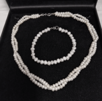 Double row genuine pearl string with hallmarked silver clasp, matching bracelet with silver clasp