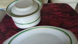 Zöld arany mintás erdélyi porcelán leveses tál és húsos tál