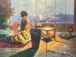 Brejcha-marked Japanese tea salon boudoir oil canvas painting 70 x 46 cm