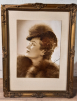 Antik Hölgy portré fotó, sérült blonder keretben 35 x 27 cm