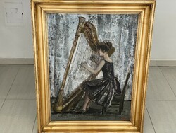 Patay László lány nő hárfával zenész portré modern festmény kép