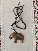 Large copper pendant - elephant with crystal or zirconia stones, on a black genuine leather strap