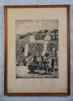 Molnár Gabriella (1940-): Szüret. Rézkarc, papír, jelzett, fa keretben, 39x30 cm