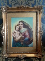 Antik csodás blondel keret szentképpel Mária gyermekével 30 cm x 38 cm