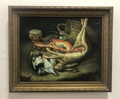 Asztali csendélet, nyúl, homár, vadászcsendélet olaj-vászon festmény 50 x 60 cm régi keretében