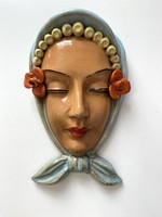 Female portrait art deco ceramic wall mask mural donut painted marked glazed wall decoration