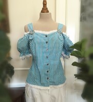 Country lady size 42 Tyrolean blouse, Bavarian trachten, baby blue-white checked madeira border top