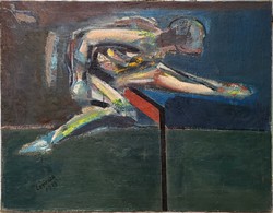 90x70cm ! Lőrincze Miklós (1943 - ) Gátfutó 70'-es évek festménye EREDETI GARANCIÁVAL