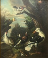 Egzotikus Bogdány Jakab tájkép madár olaj-fa festmény keretezve 55 x 45 cm