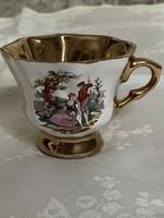 Álomszép antik fajansz jelenetes csésze arany belsővel,