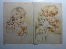 Két régi grafikus képeslap együtt: kislány cicával + kisfiú kutyával