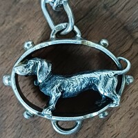 Antique large silver dachshund dog pendant with modern chain