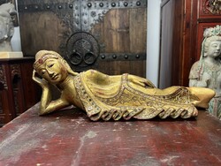 Burmese gold-painted wooden reclining Buddha statue, oriental, Asian