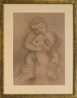Ink drawing by Attila Boros, motherhood, with certification!