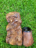 Old carved wooden statue, candle holder with a mark and serial number on the bottom.