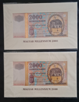 2000 -es UNC Aranyfémszálas Millenniumi 2000 forint -os bankjegy sorszám követő