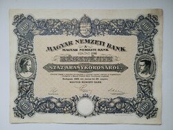 Magyar Nemzeti Bank eredeti 1924 részvénye, szelvényekkel 100 aranykoronáról