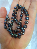 Real pearl necklace black, green, purple 46 cm