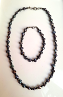Genuine pearl necklace and bracelet black, green, purple 46 cm