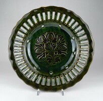 1R389 large green market pattern glazed openwork ceramic wall plate 31.5 Cm