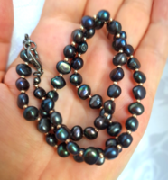 Real pearl necklace black, green, purple 46 cm
