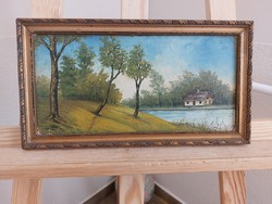 (FBL7) Tájképfestmény házikóvall 32x17 cm kerettel (FBL7) Tájképfestmény házikóvall 32x17 cm kerettel