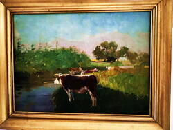 JUSZKÓ Béla (1877-1969) “Legelő tehenek” olajfestmény,szép keretben