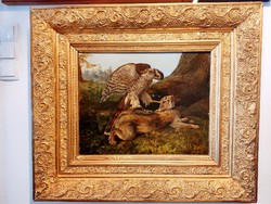Vadászat, solymászat.... ezúttal vadász héjával...19. századi olaj, vászon festmény eladó.