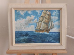 (K) Szignózott festmény, tenger, hajó 49x39 cm kerettel