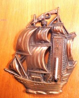 Bronze sailboat on wooden base, with thermometer /wall decoration/ 0.2 kg - 17x15 cm