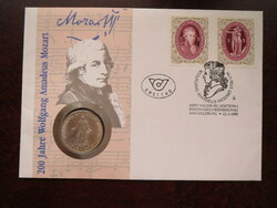 Mozart halálának 200 évfordulójára kiadott emlékboríték ezüst 25 schillinggel