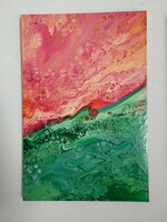 Fluid art festmény 60x40cm cím : Zöld Márvány és Szivárványos Selyem