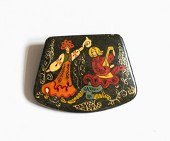 Lacquered stone brooch with a dancing girl and a young man playing music - folk art brooch, pin Russian