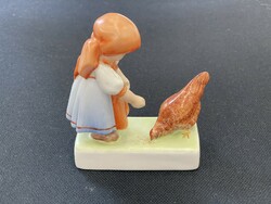 An extremely rare painting of Annuska feeding a hen, designed by András Sinkó, figure sculpture girl