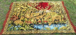 Old silk carpet wall protector, wall tapestry deer pattern 118 x 185 cm.