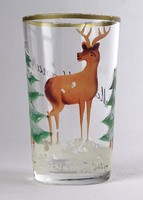 1R425 Antik festett fújt üveg pohár vadász díszes szarvasos emlékpohár 1935