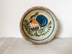 Korondi folk wall plate with rooster, earthenware dinner plate, rustic plate decoration.