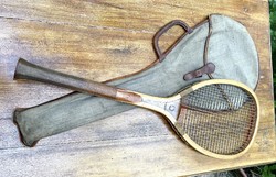 Antik Jefferies London teniszütő korabeli vászon tokkal jelzett régi sportszer múlt század elejéről