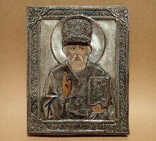 Nagyon régi antik vintage meseszép okládos alpakka ortodox ikon vallási fali kép fém fa réz falikép