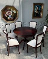 Antik stílusú kör alakú étkezőasztal / tárgyaló asztal 6 db kárpitozott támlás székkel