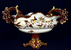 Around 1900 antique Austrian majolica pedestal bowl with bird decoration!
