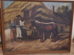 Horses peasant life picture painting oil canvas 65x85