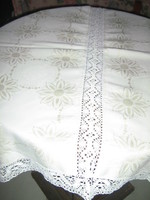 Beautiful buttery yellow lace inlay flower and damask tablecloth with slippery pattern