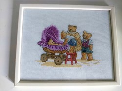 Delicately framed cross-stitch needlework teddy bear family with newborn, children 29 x 24 cm