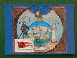 Postcard - from the bibliotheca corviniana series: graduale, with Hunyadi coat of arms flag stamp