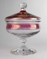 1R923 Régi Knechtel Moosbach aranyozott rózsaszín talpas kristály bonbonier 15.5 cm