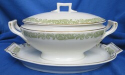 Régi porcelán szószos tál, nem  jelzett, enyhén hibás  12 cm magas, talpazat 23x 16.5 cm