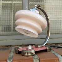 Art deco - Streamline nikkelezett asztali lámpa felújítva - különleges formájú rózsaszín ernyő