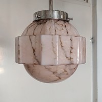 Art deco - Streamline - Machine age nikkelezett mennyezeti lámpa felújítva - márványozott rózsaszín