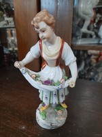 Alt Wien Austria Kézi Festett Virágos Lány Porcelán Figura.15.5 cm.